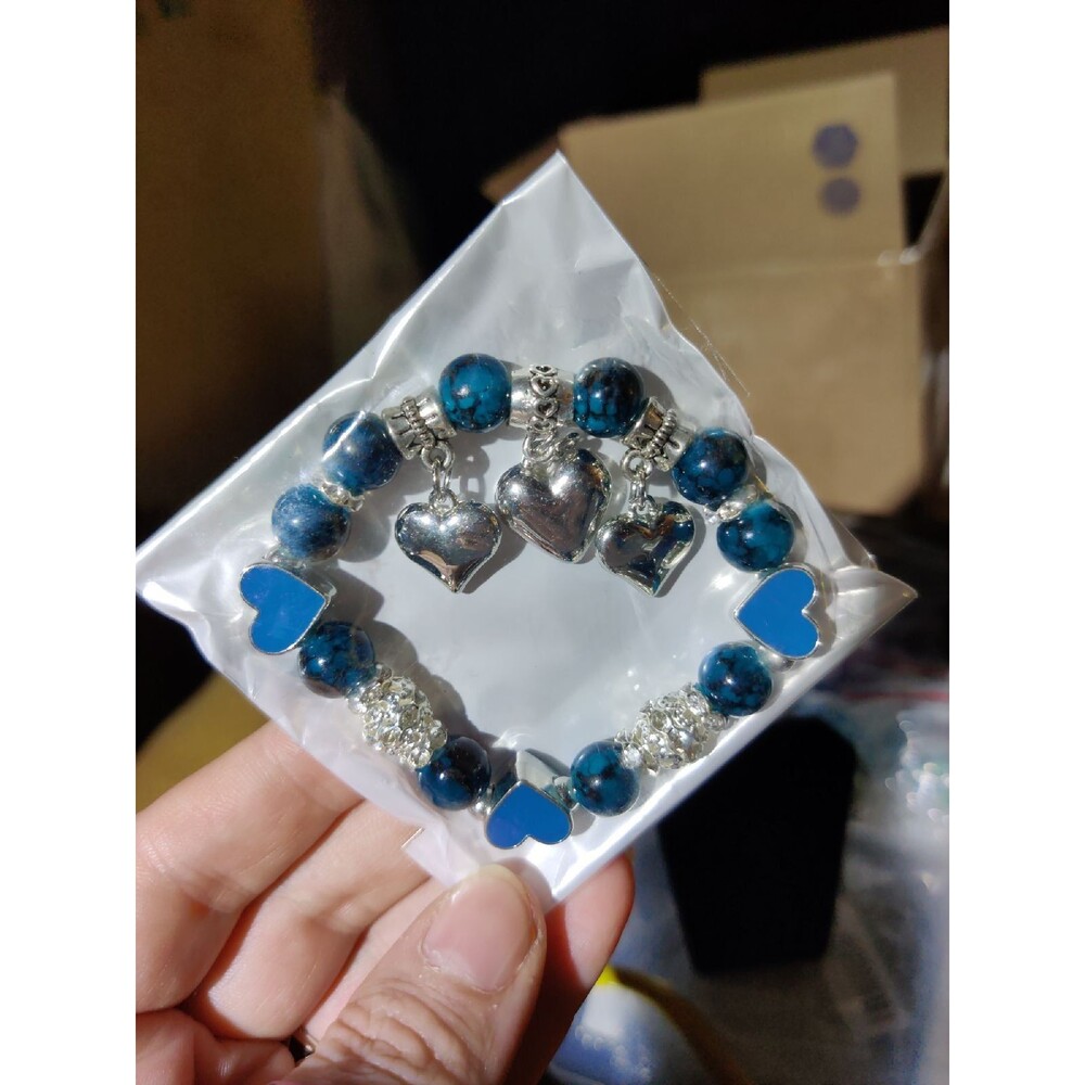 Blue-green Beads & Hearts Bracelet